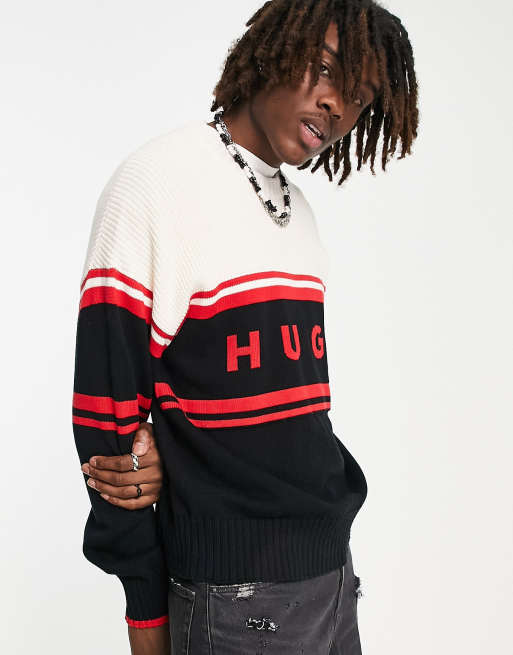 HUGO - Sopid - Pull avec logo rétro - Noir et blanc cassé