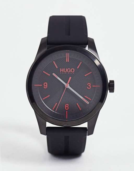 HUGO - Sort og rødt armbåndsur med silikonerem
