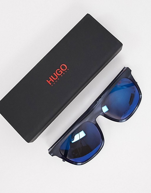 HUGO square sunglasses in black with blue lens