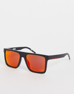 Hugo square sunglasses in matte black and orange lens