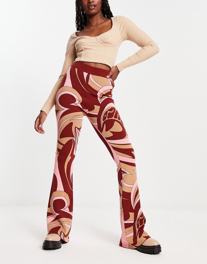 HUGO Sravin straight fit knit trousers in pink and red swirl print