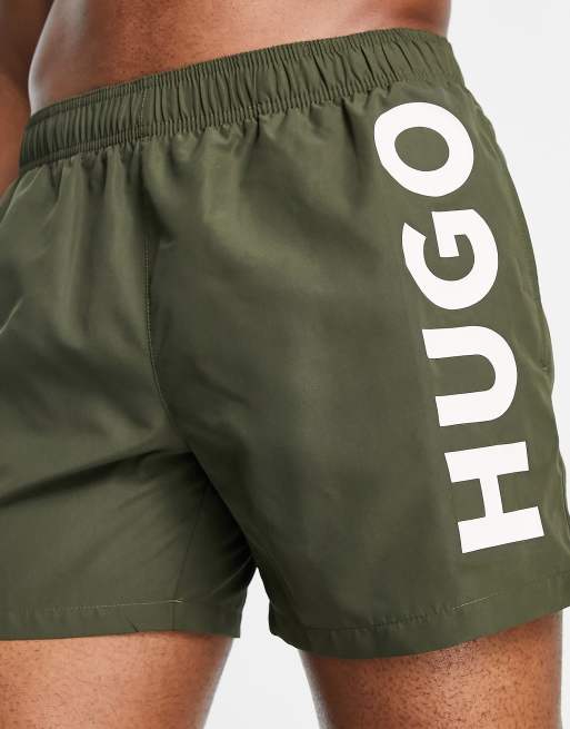 HUGO Swimwear Abas vertical logo swim shorts in khaki ASOS