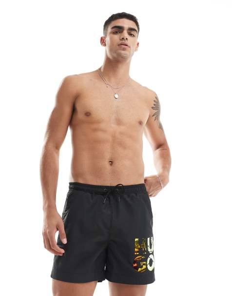 HUGO Swimwear rame swim shorts in black with holographic logo print - view 1