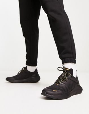 HUGO Wayne Runn knitted sneakers in black and gold - ASOS Price Checker