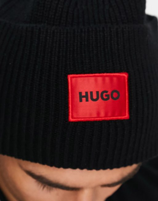 HUGO Xaff box logo beanie in black ASOS
