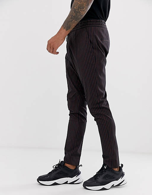 Men HUGO Zander pinstripe drawstring trousers in black 