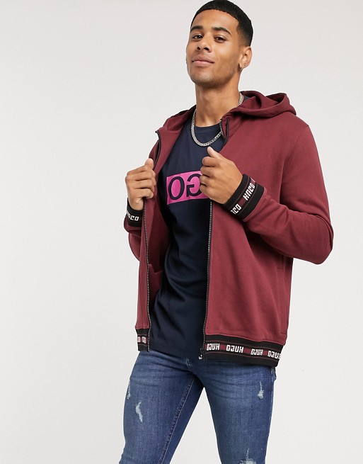 HUGO zip through hoodie with logo trims in dark red