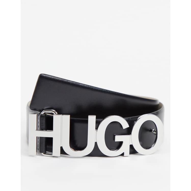 HUGO Zula leather logo belt in black ASOS