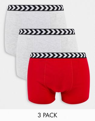 Hummel 3 pack chevron waistband boxers in red and grey