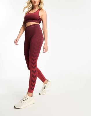 Hummel - Legging stretch à empiècements latéraux motif chevrons - Rouge foncé