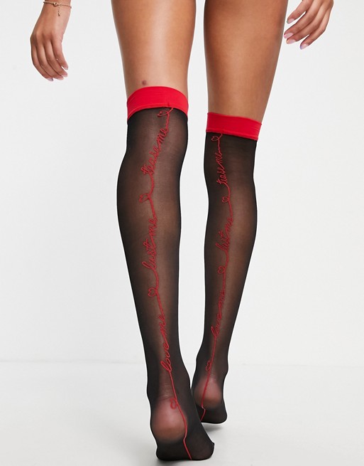 Hunkemoller 15 denier stay up stockings with contrast red writing back seam in black