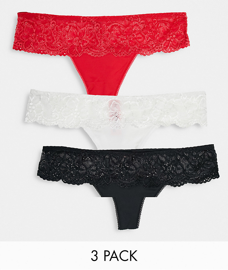Hunkemoller 3 pack lace deep band thong in black white and red-Multi