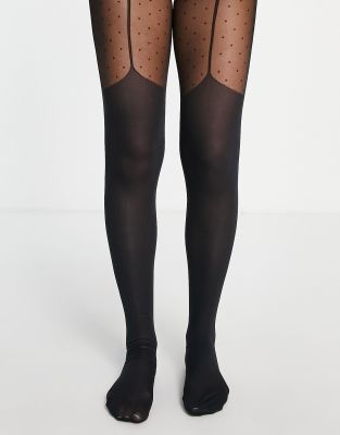 Hunkemoller - 40 denier panty met jarretelprint en doorschijnend deel met stippen in zwart