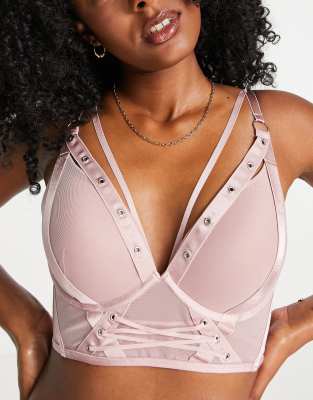 Hunkemoller Aida Plunge Pu Mesh Longline Bralette With Strapping Detail In Woodrose-pink