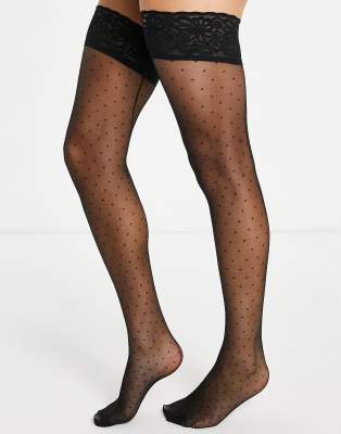 Ann Summers Calze Autoreggenti Nere Lucide Con Bordo In Pizzo - Senza Bretelle, Con Strisce Antiscivolo In Silicone - Taglie XS-XL