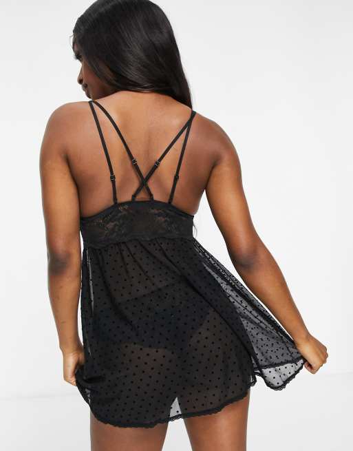 Hunkemöller - Beatriz - Babydoll van gestippeld mesh en kant in zwart, 2 van 4