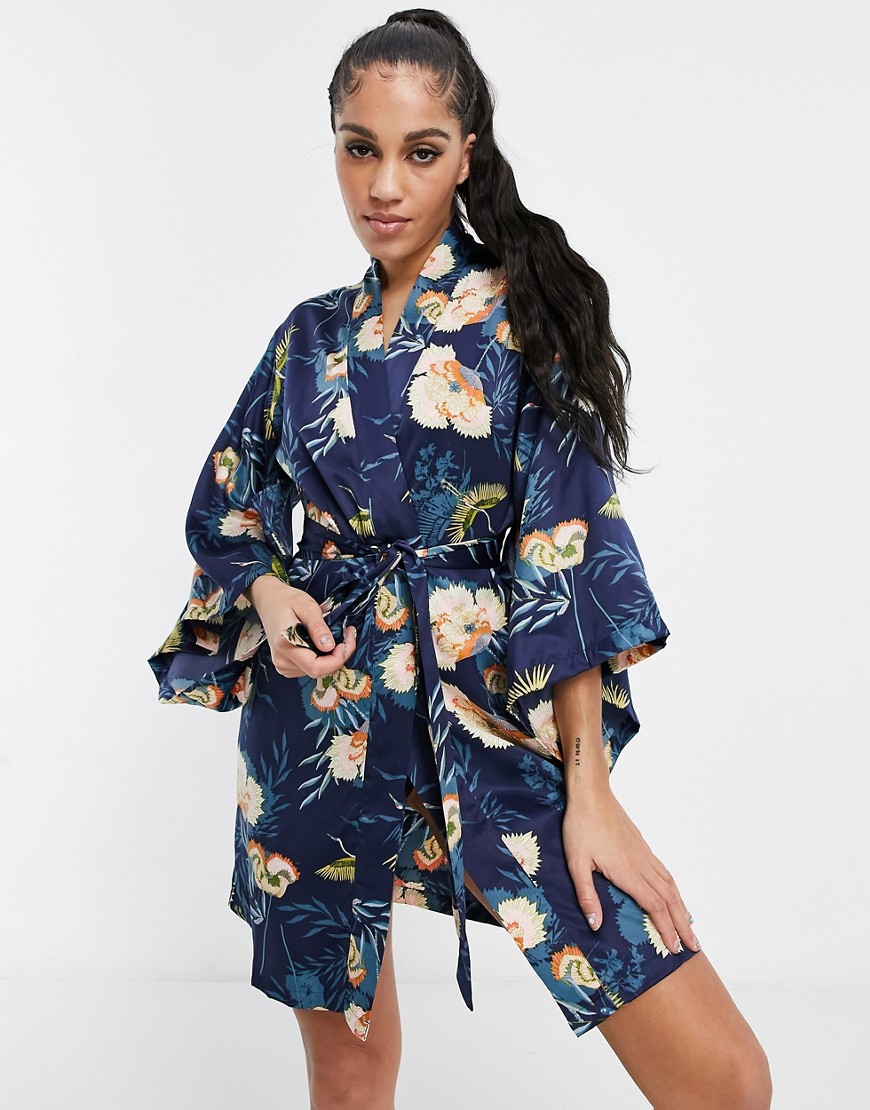 Hunkemöller – Blågrön kimono i satin med blommigt mönster-Gröna