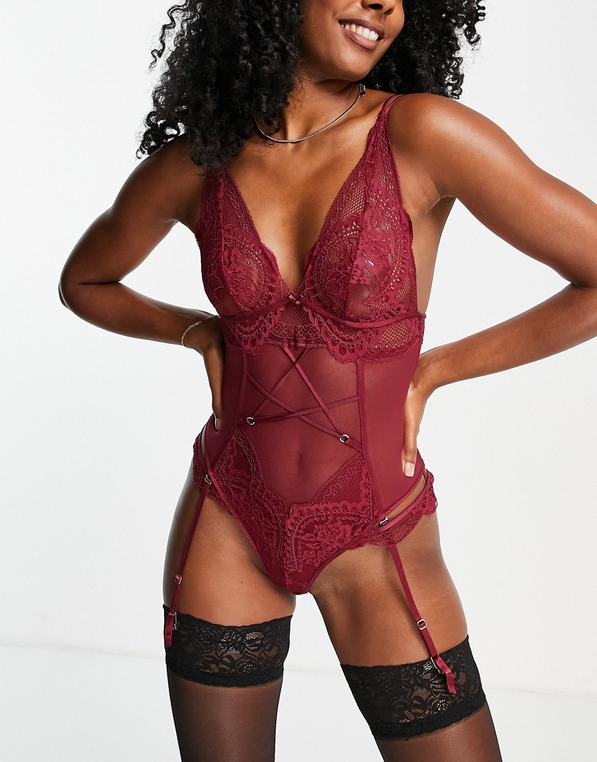 Hunkemoller Brooklyn lace triangle bodysuit with garter detail in red
