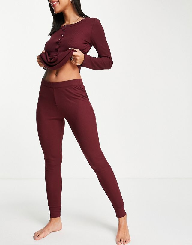 Hunkemoller button front detail mini waffle long sleeve top and legging lounge set in wine