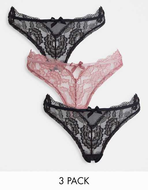 Hunkemöller – Chloe – Zestaw 3 par fig brazylijskich z wysokim wcięciem w kolorze czarnym i różowym