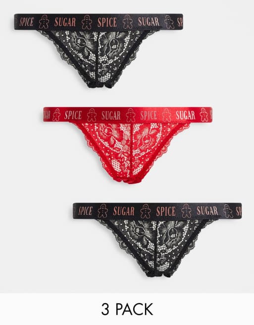 Hunkemoller - Cinnamon - Set van 3 tanga's van kant en lurex met elastische band met print in zwart en rood