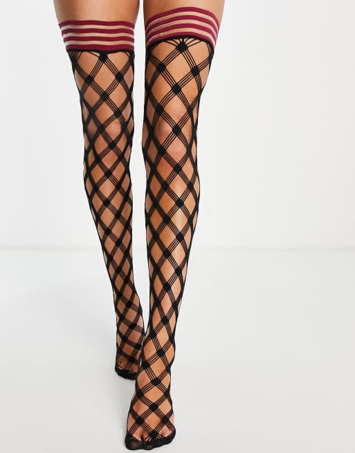 Hunkemoller contrast red top large fishnet stockings in black