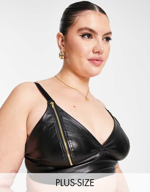 Hunkemoller Curve Matrix PU zip front longline bralette in black