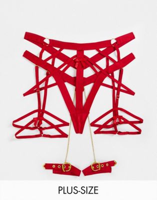 Hunkemoller Curve Minx strapping and bow detail high waist thong with suspender detail and detachable cuffs in red