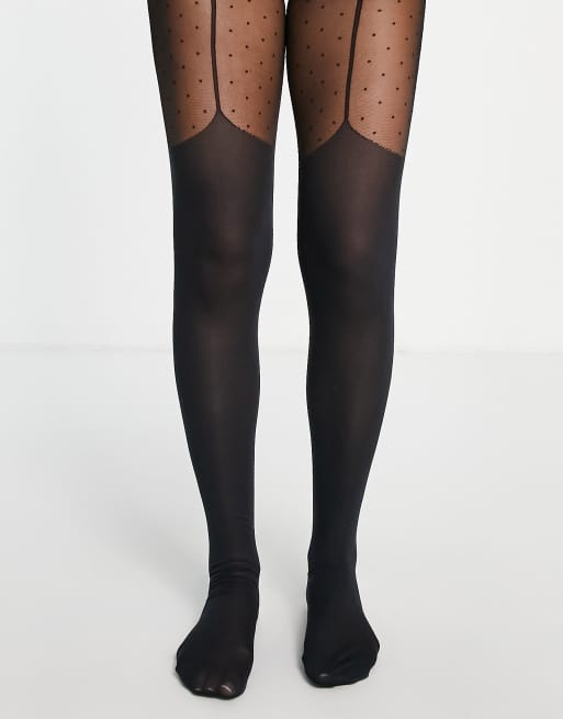 Hunkemoller – Czarne rajstopy 40 den z ozdobnymi paskami do pończoch i przezroczystą wstawką w kropki