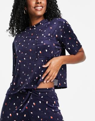 Hunkemoller Dottie short sleeve velour pyjama top in navy spot print - ASOS Price Checker