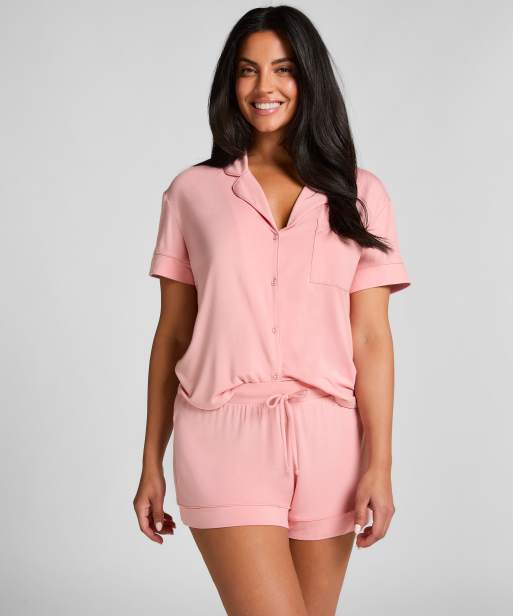 Hunkemöller - Essentials - Jersey overhemd met korte mouwen in roze