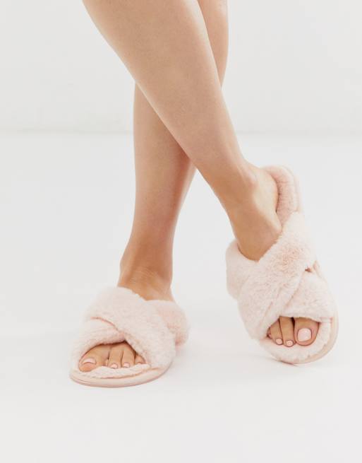 Faux fur hot sale cross slippers