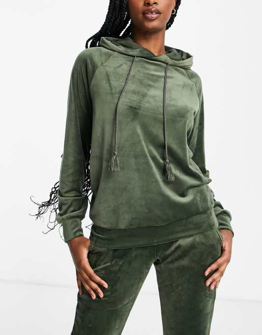 Hunkemoller - Felpa oversize in velour kaki con cappuccio e nappe