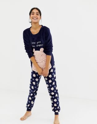 Hunkemoller Fleece Monster pyjama pants in navy ASOS