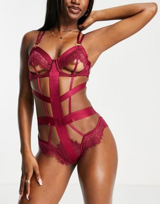 Hunkemoller Flora lace and strapping detail open cup bodysuit in red