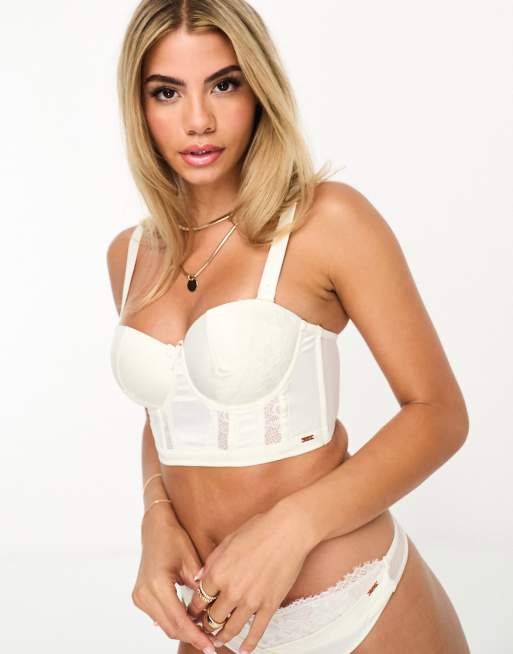 Hunkemoller Florencia bridal satin and lace padded balcony bra with removable straps in white 