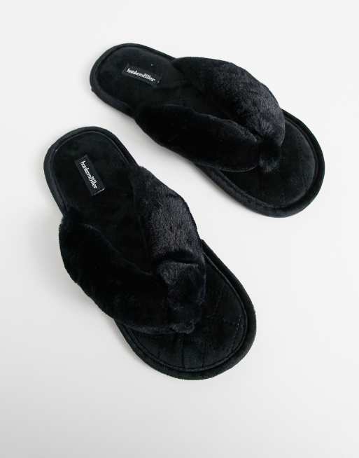 Hunkemoller fluffy thong style slipper in black ASOS