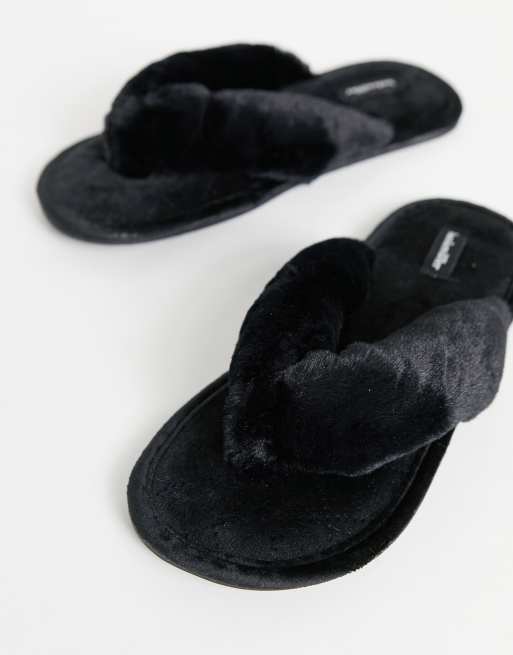 Truffle Collection Faux Fur Thong Slippers In Black, 55% OFF