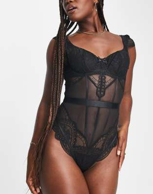 Heira lace and mesh underwire bodysuit with lace strap detail in black