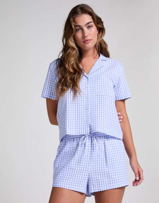 Hunkemöller – Kurzärmlige Jacke aus Seersucker in Blau