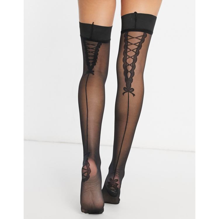 White Hold-up Stockings with Seams and Lace Tops