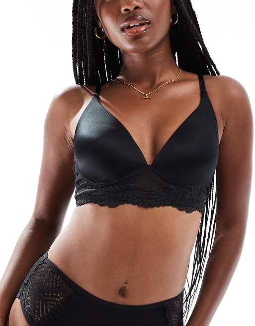 Hunkemöller – Leonie – Czarny usztywniany biustonosz z mikrofibry bez fiszbin z głębokim dekoltem i koronką