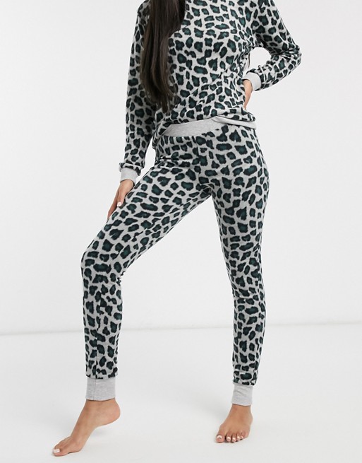 Hunkemoller leopard print micro fleece pyjama bottoms in grey