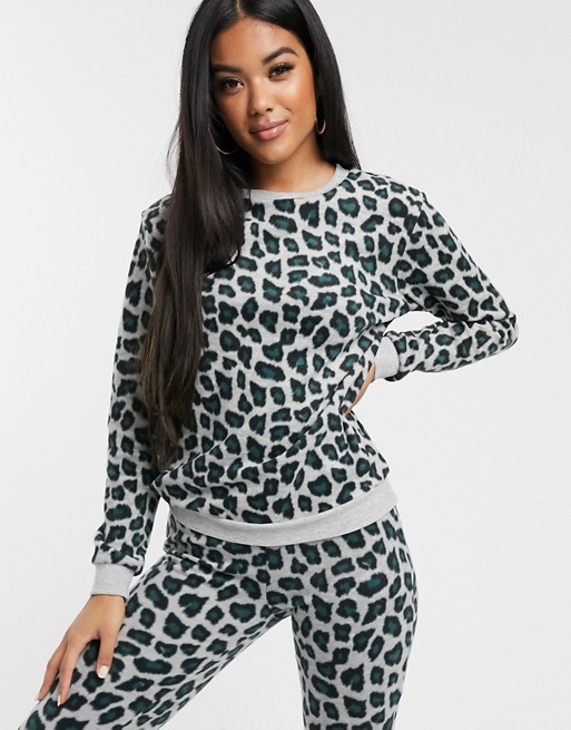 Hunkemoller leopard print micro fleece pyjama top in grey
