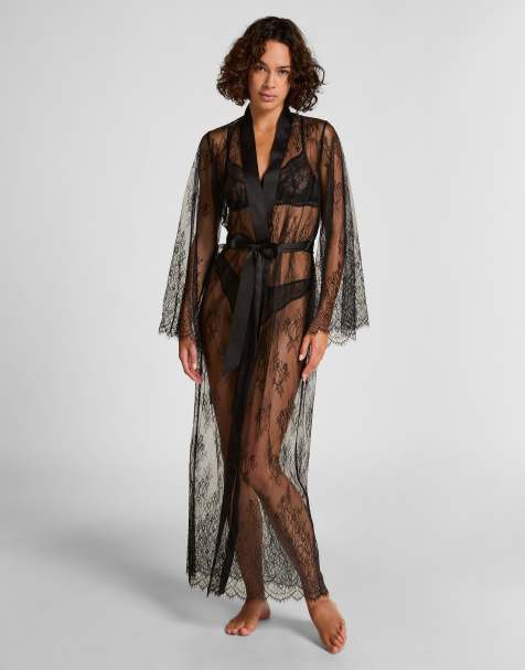 Hunkemoller Long allover lace kimono in black - view 1