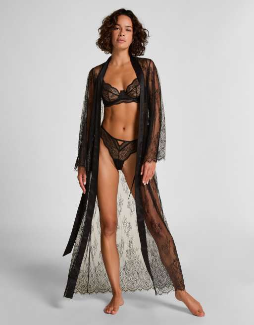 Hunkemoller Long allover lace kimono in black, 2 of 4