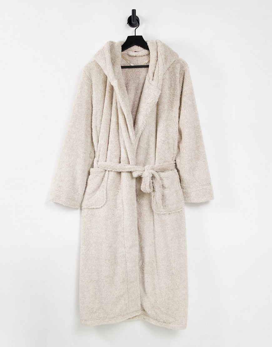 Hunkemoller long fleece robe in oatmeal-Neutral