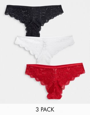Strings et culottes Hunkemoller - Lot de 3 culottes brésiliennes en dentelle - Noir, blanc et rouge