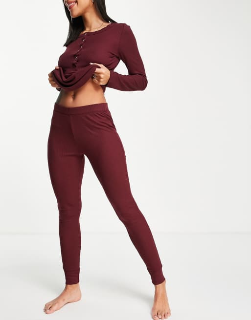 Hunkemöller - Loungeset van top met lange mouwen en knoopsluiting aan de voorkant met legging in wafelstructuur in wijnkleur