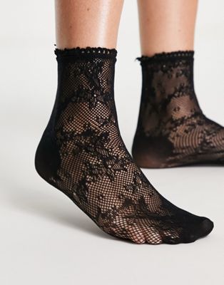Hunkemoller Lucy Hale sheer floral lace socks in black